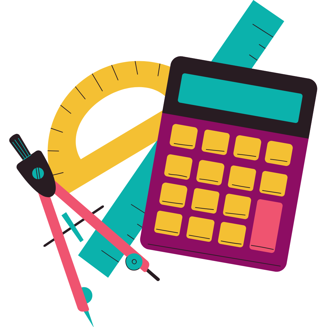 Picture of math items, protractor, ruler, calculator and drawing compass